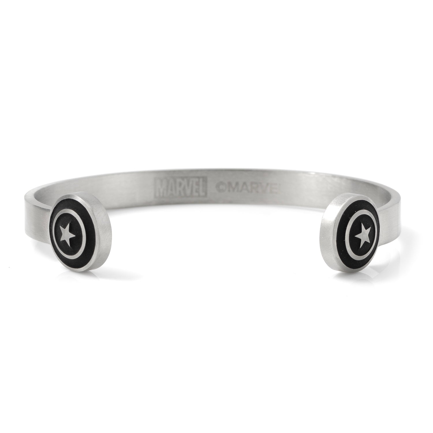 Silver bracelet with Captain America emblem on a white background