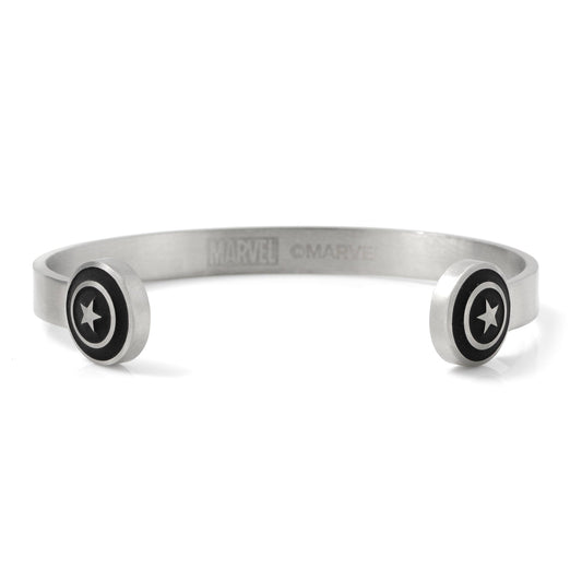 Silver bracelet with Captain America emblem on a white background