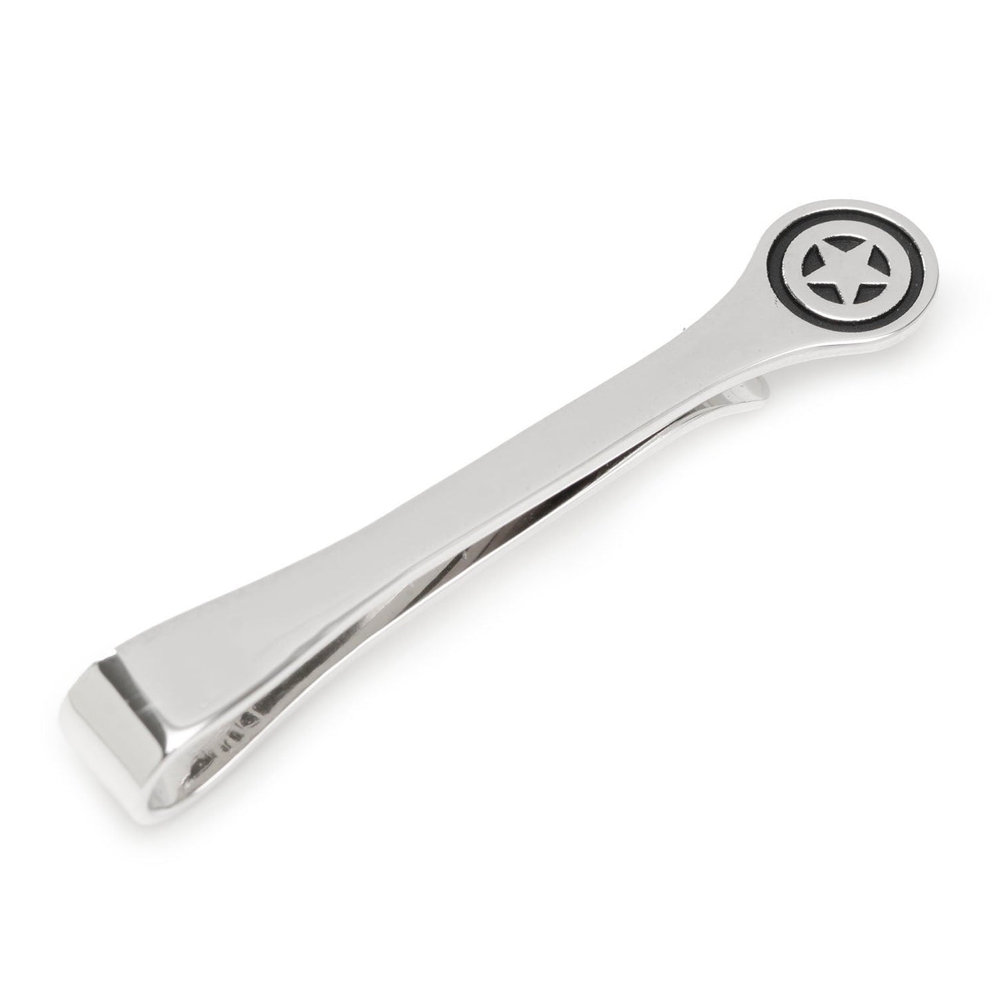 Silver tie clip with star design on a white background