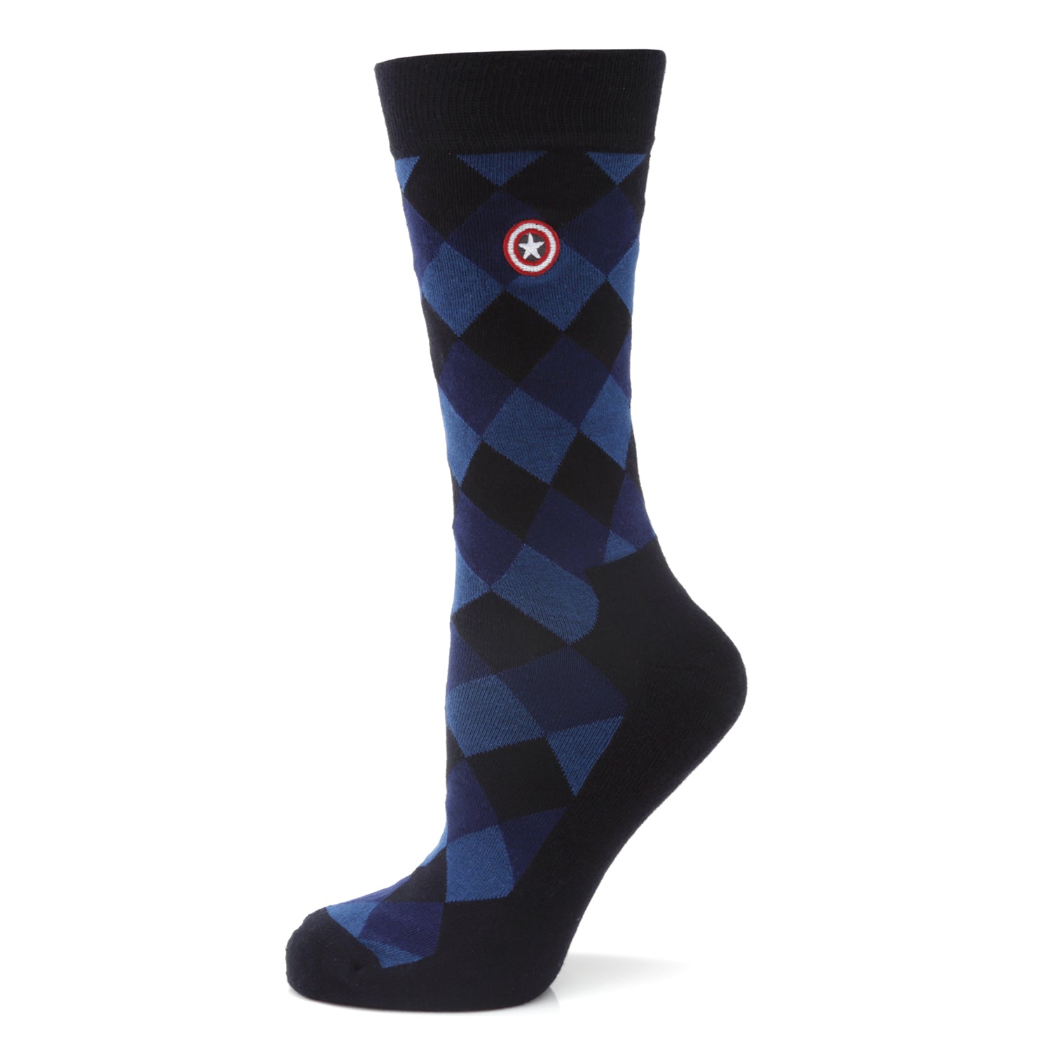 Black and blue argyle patterned sock on a white background