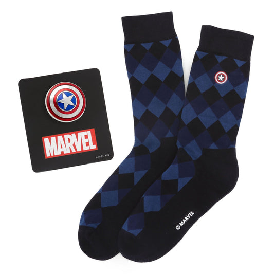 Pair of black and blue argyle socks with Marvel logo on a white background