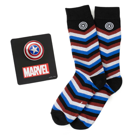 Striped socks with Marvel logo on a white background