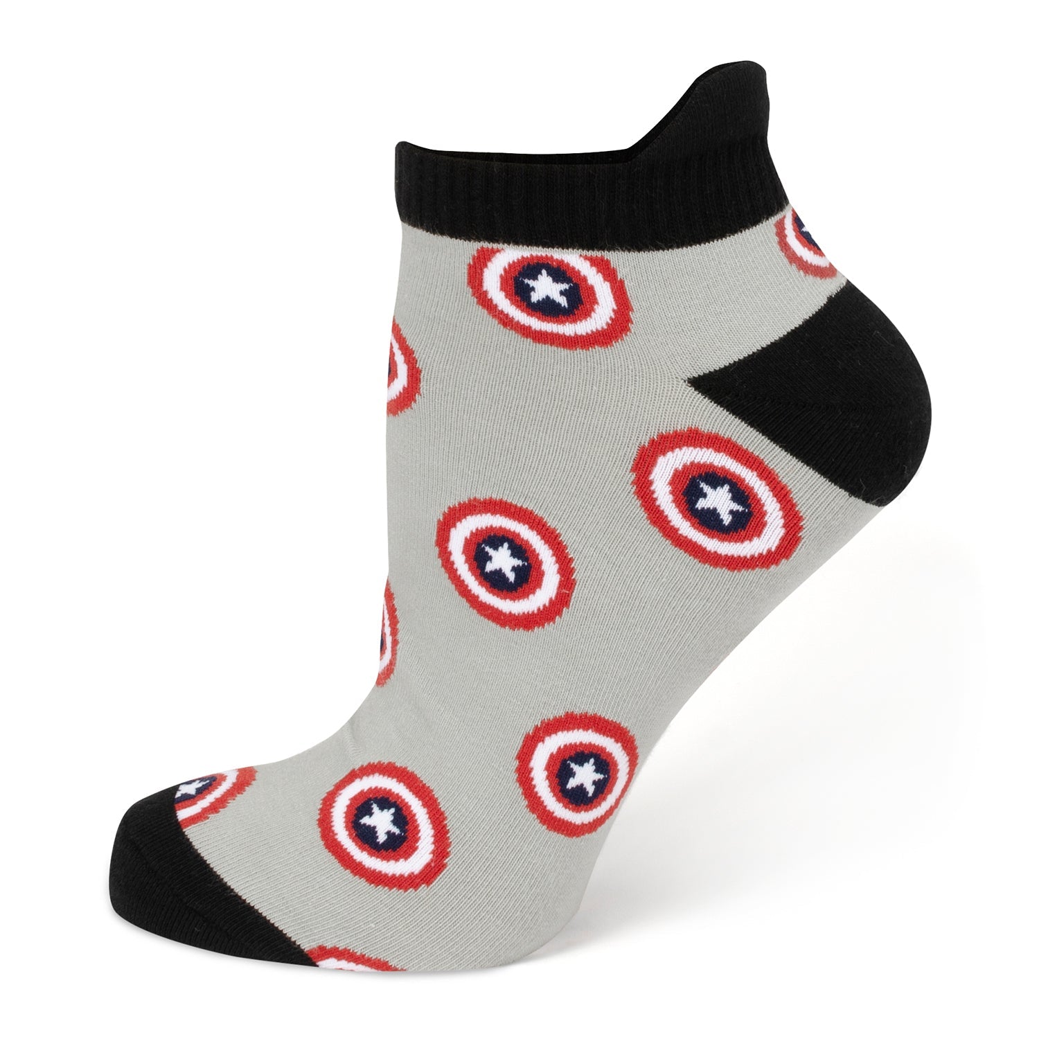 Gray ankle sock with Captain America shield pattern on a white background