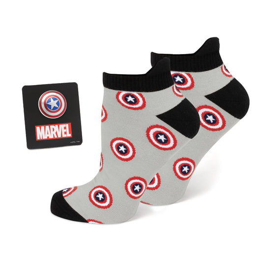 Gray socks with red and blue shield pattern and black toes and heels, featuring a Marvel logo on a white background.
