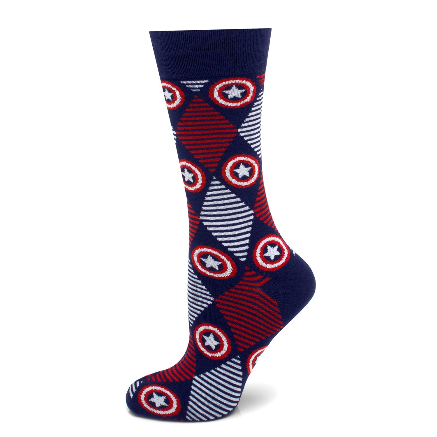 Navy blue sock with Captain America shield pattern on a white background