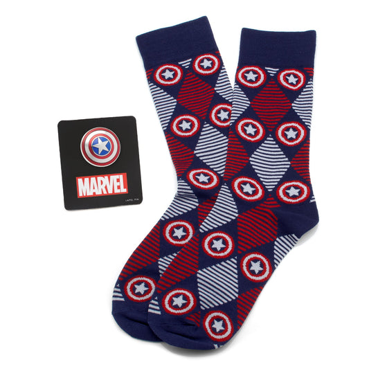 Marvel socks with geometric pattern and Captain America logo, featuring a Marvel branded card.