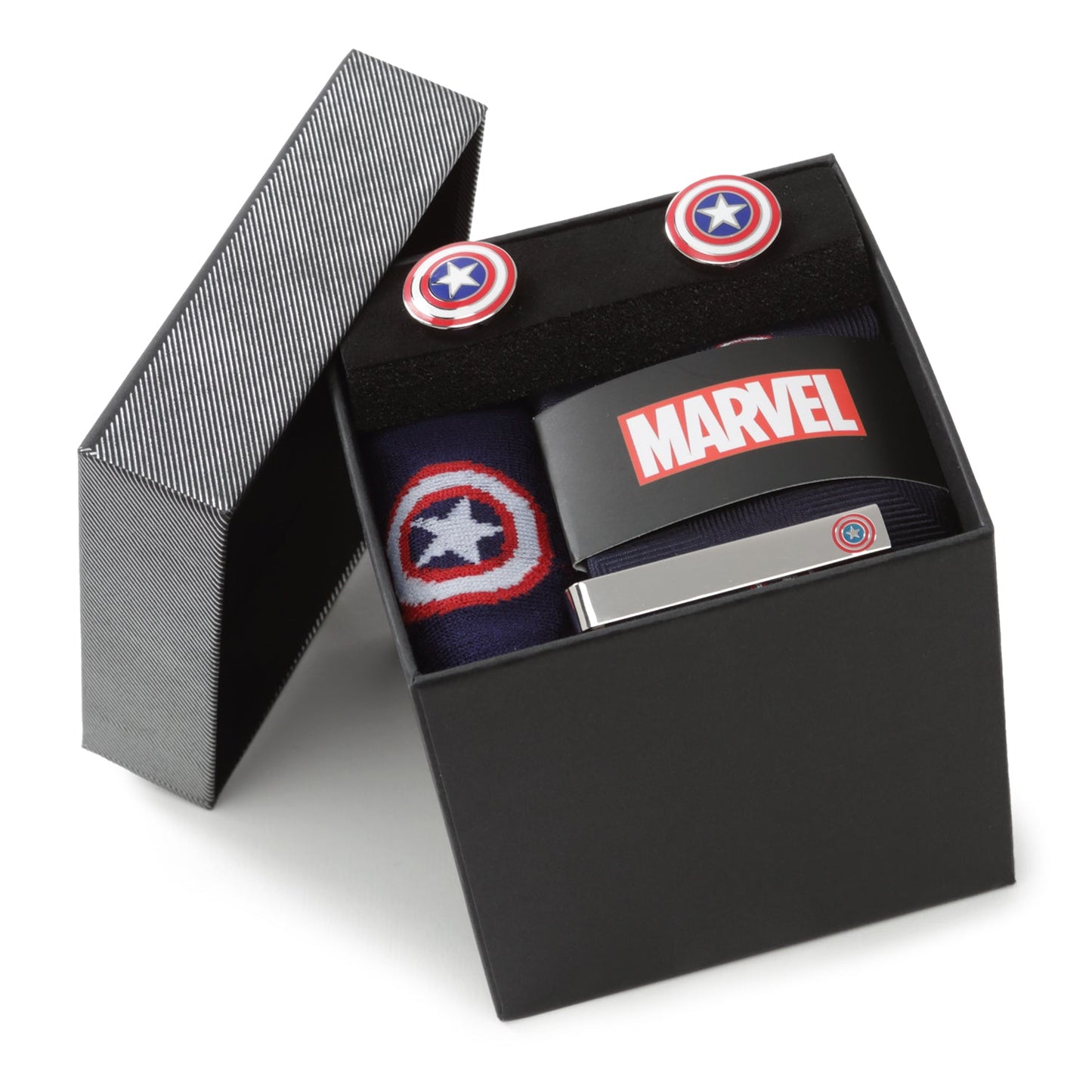 Marvel-themed gift set with socks and a clip in a black box on a white background
