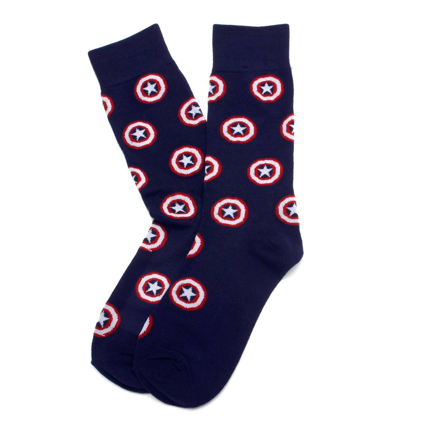Navy blue socks with red and white circular patterns on a white background