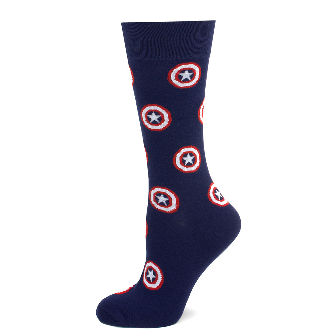 Navy sock with red and white circular patterns on a white background