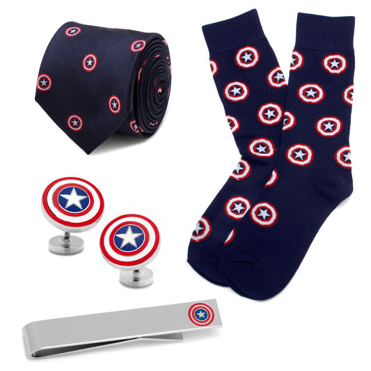 Collection of Captain America-themed accessories including a tie, socks, cufflinks, and a money clip on a white background.