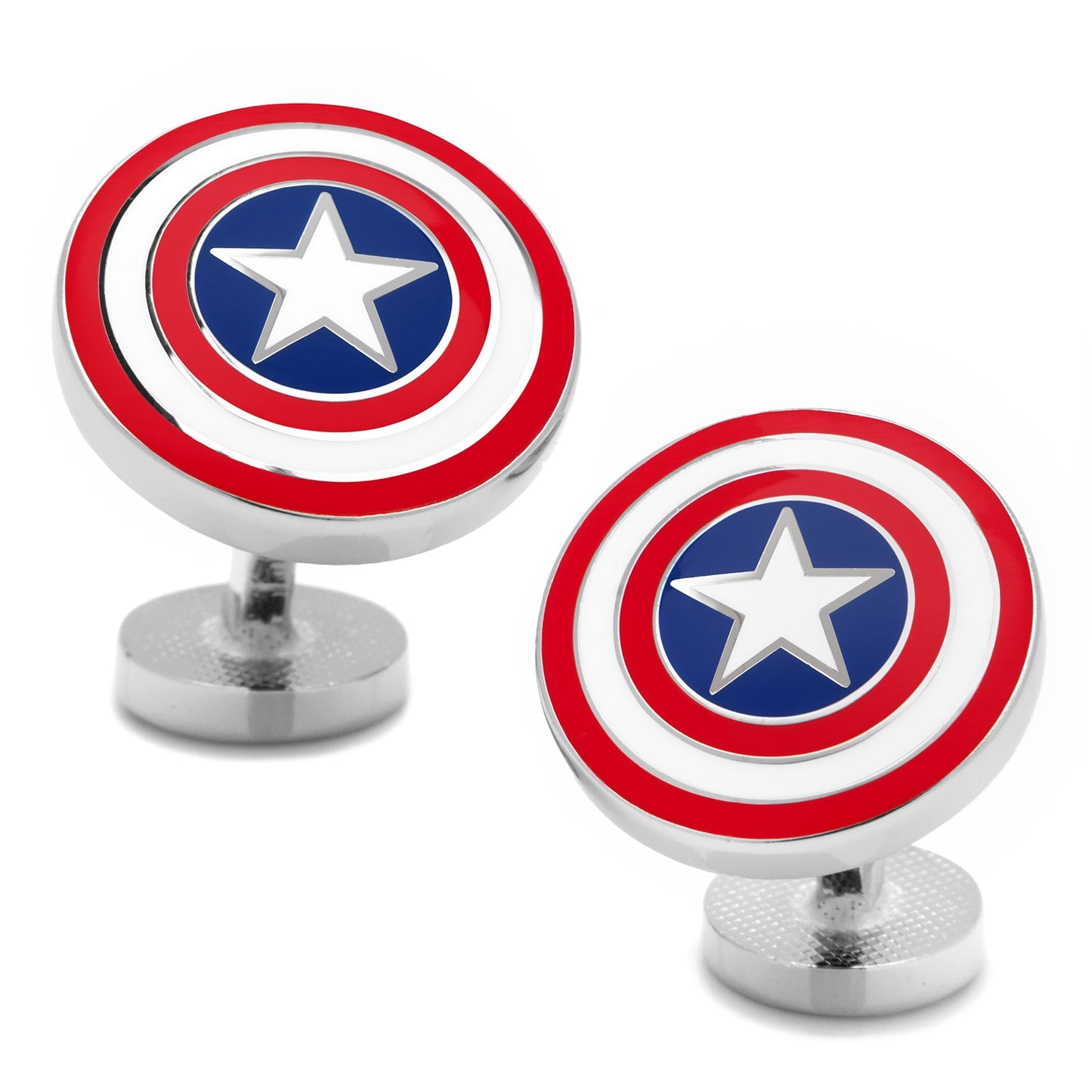 Captain America shield cufflinks on a white background