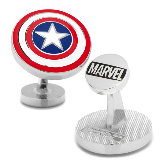 Cufflinks with Captain America shield design and Marvel logo on a white background