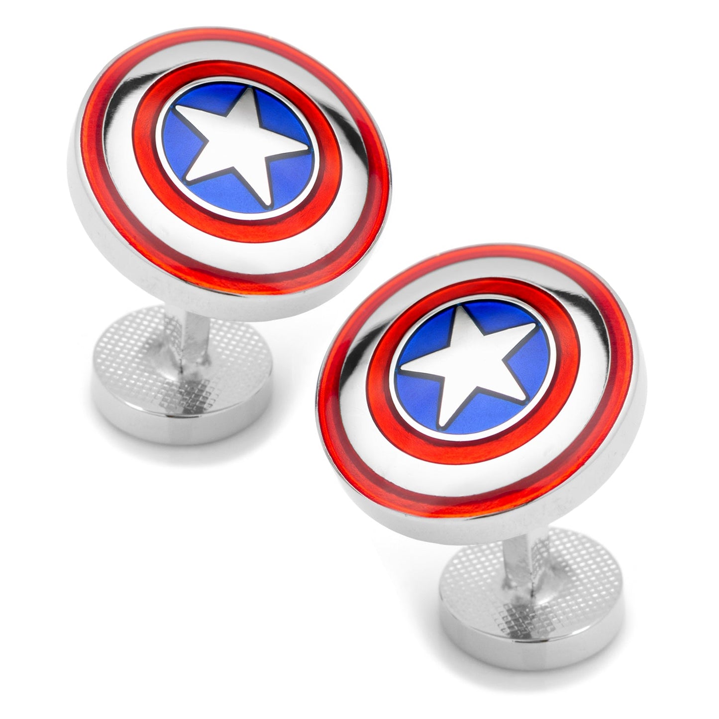 Captain America shield cufflinks on a white background