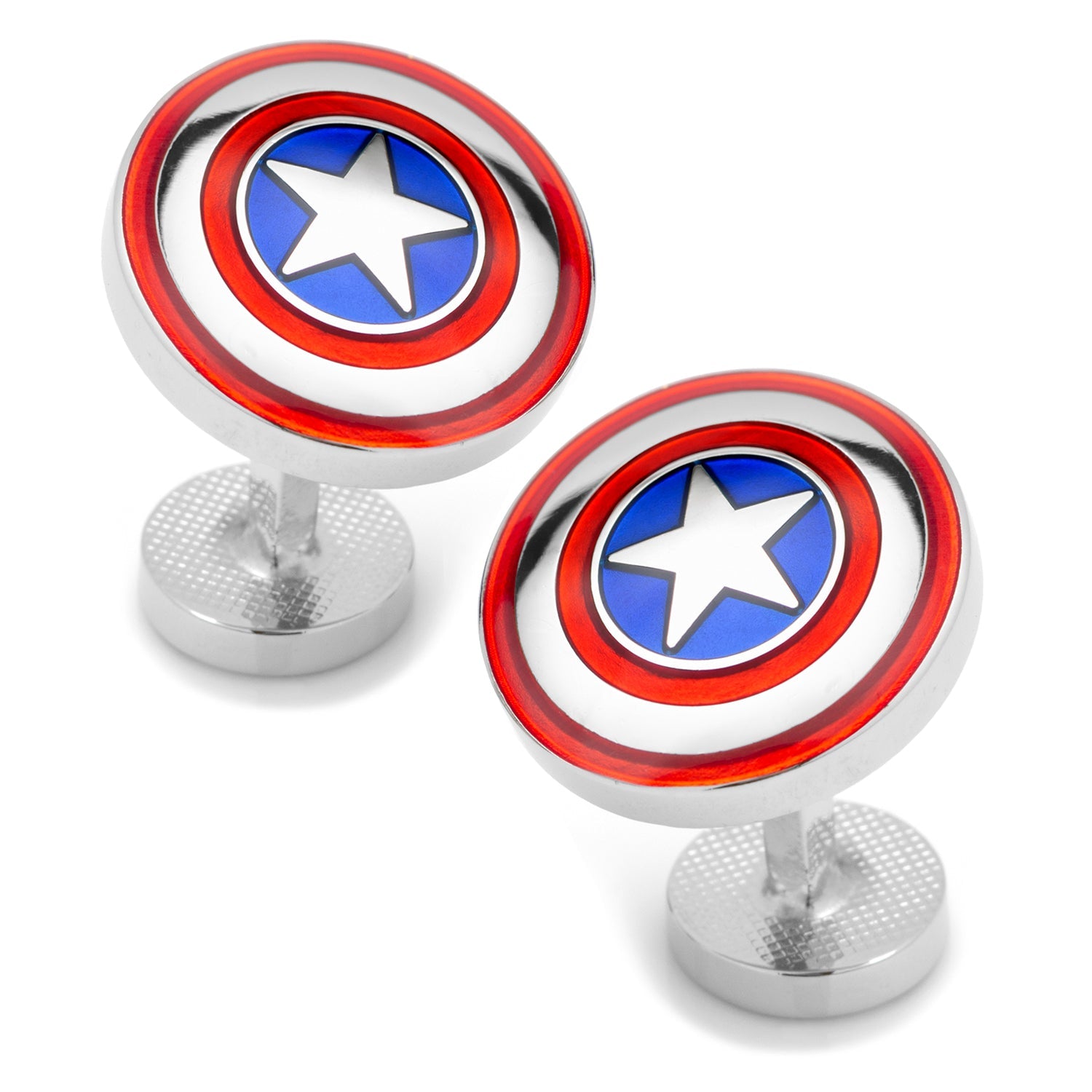Captain America shield cufflinks on a white background
