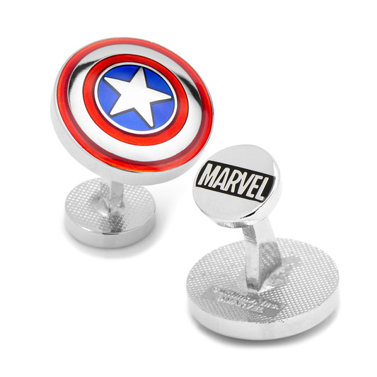 Captain America shield cufflinks with Marvel logo on a white background