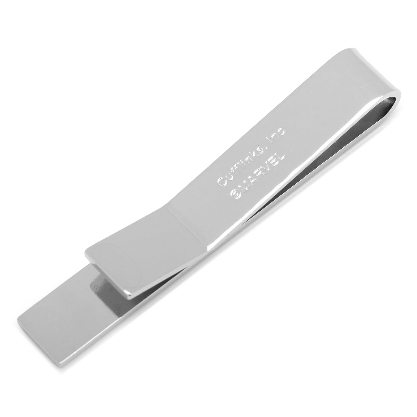 Silver tie clip with engraved text on a white background