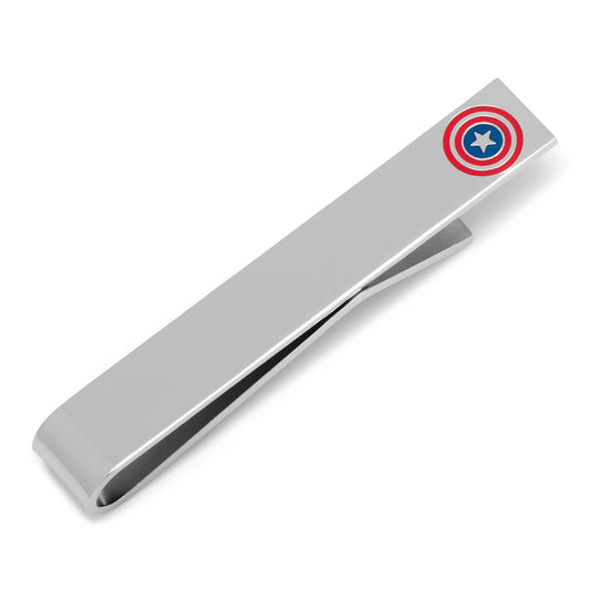 Metallic tie clip with Captain America shield emblem on a white background