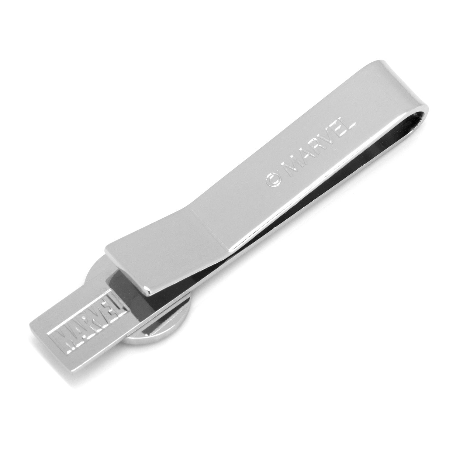 Silver tie clip with 'Marvin' branding on a white background