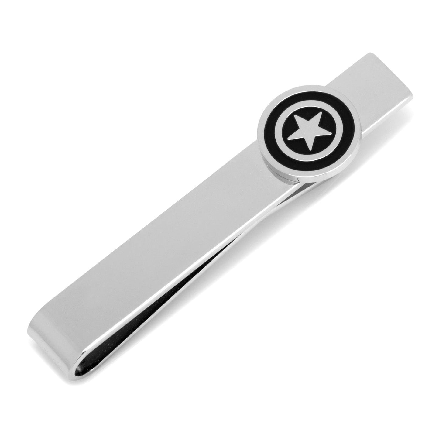 Silver tie clip with a circular emblem featuring a star on a white background
