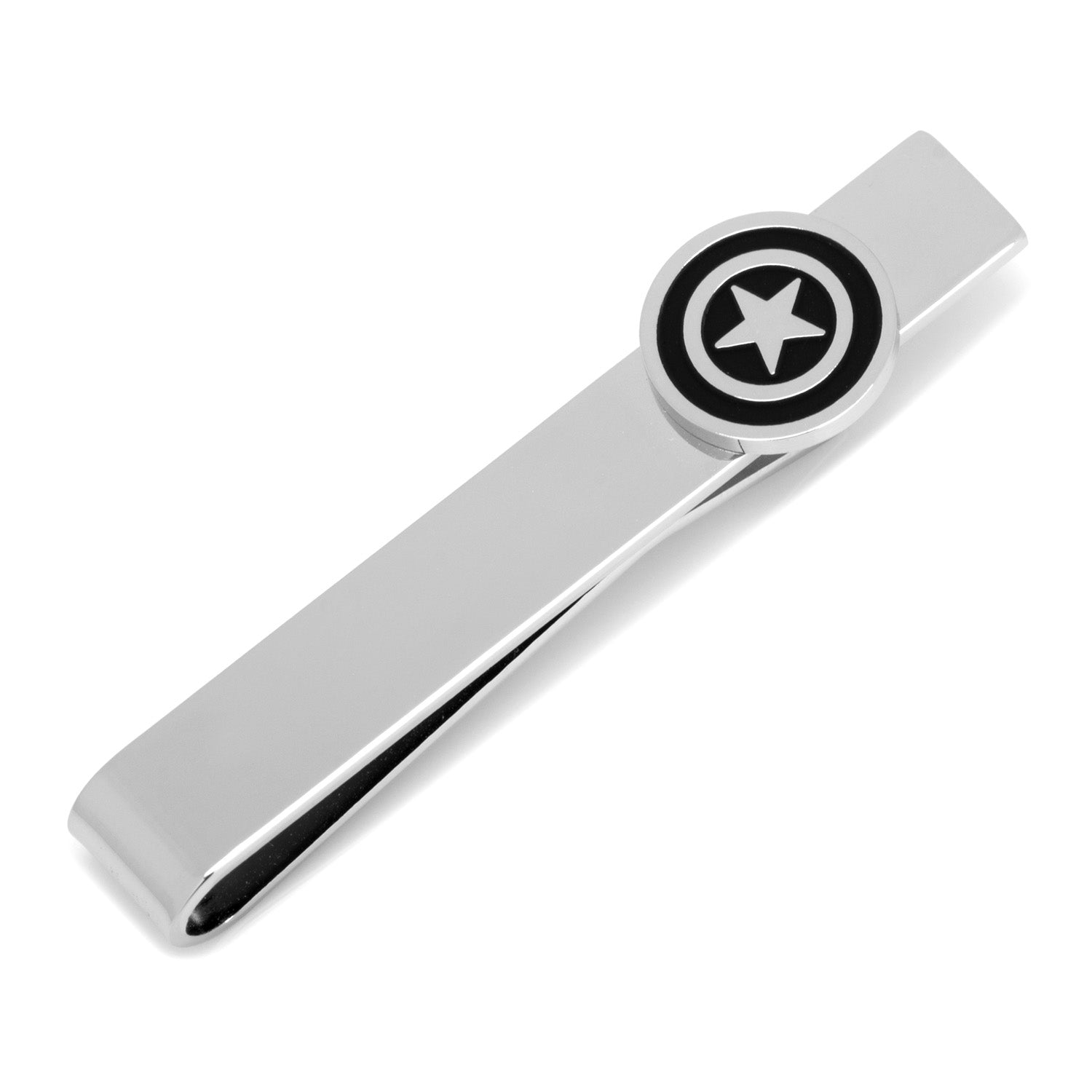 Silver tie clip with a circular emblem featuring a star on a white background
