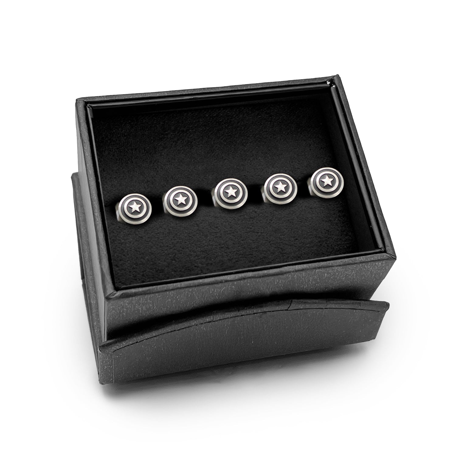 Set of five silver star-shaped cufflinks in a black box on a white background