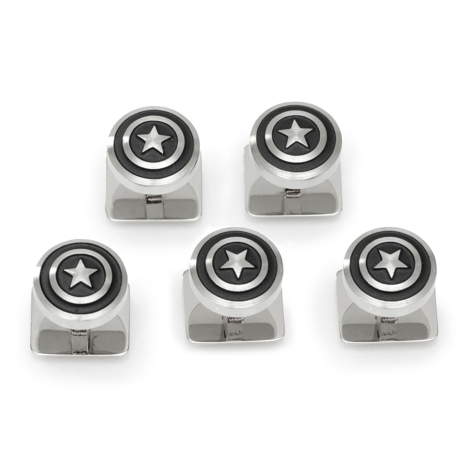 Five metal valve stem caps with star design on a white background