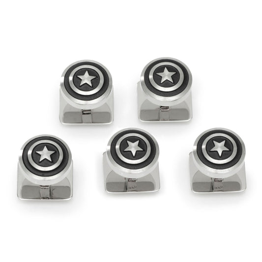 Five metal valve stem caps with star design on a white background