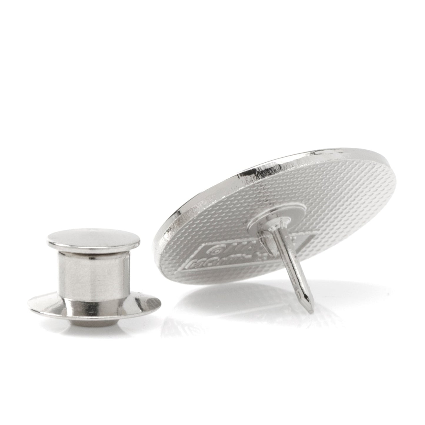Silver cufflinks with textured design on a white background