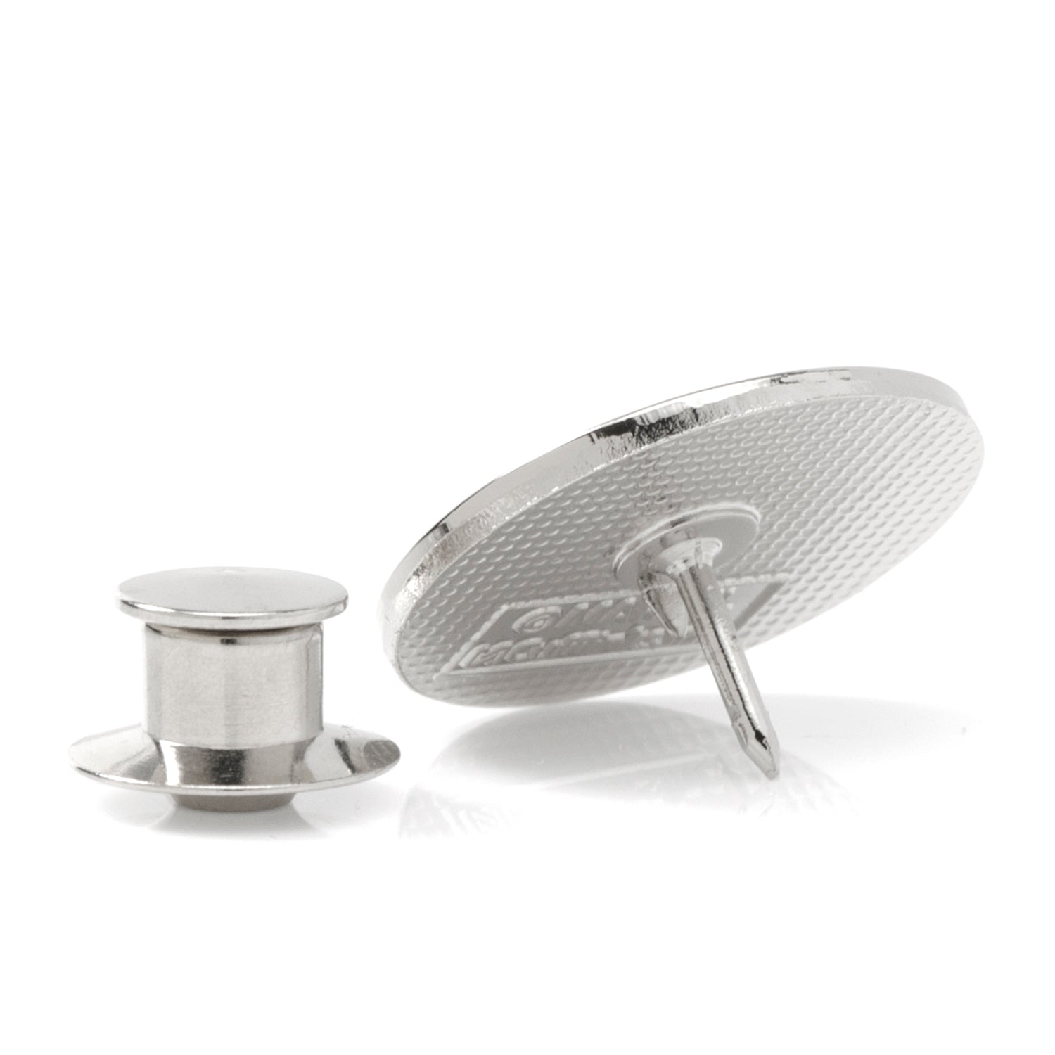 Silver cufflinks with textured design on a white background