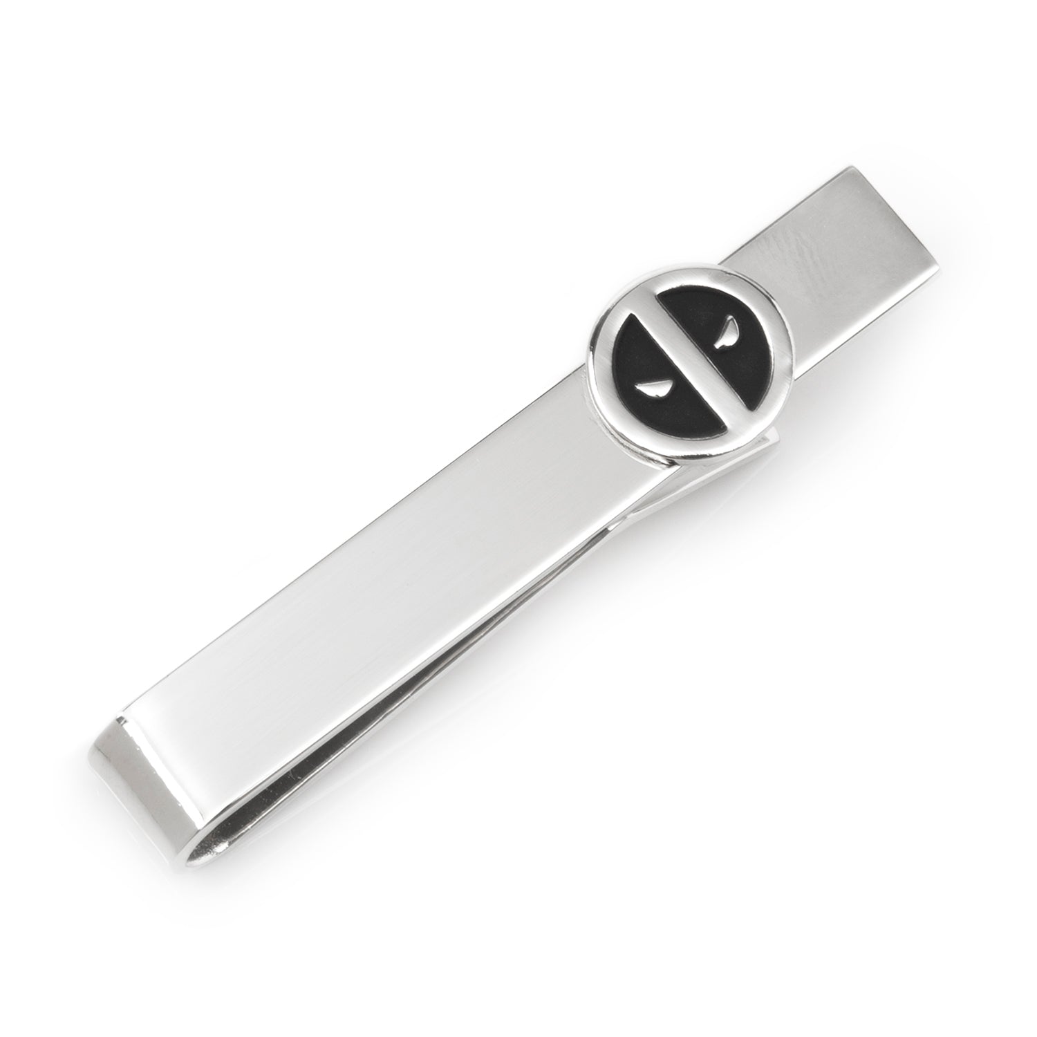 Silver tie clip with a circular design on a white background
