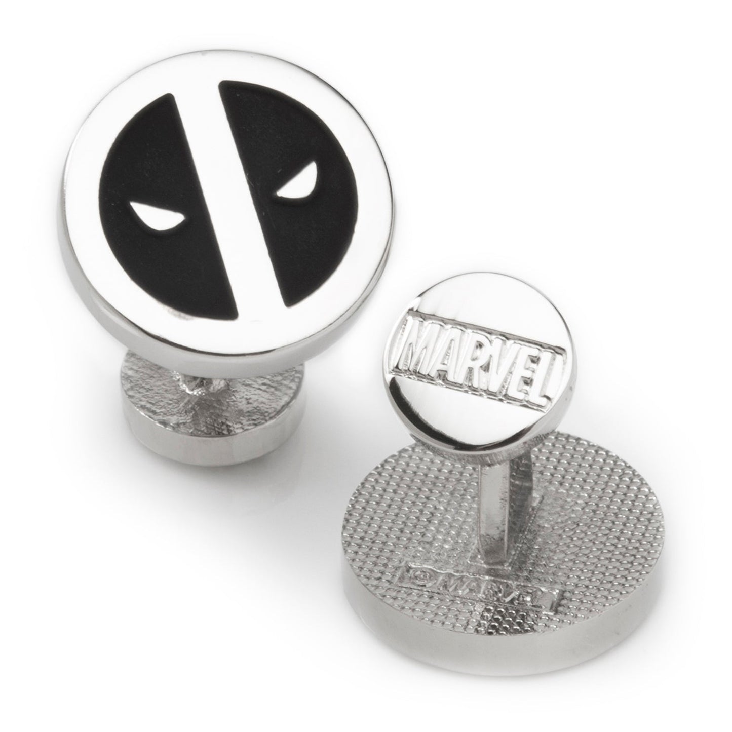 Deadpool logo cufflinks with Marvel branding on a white background