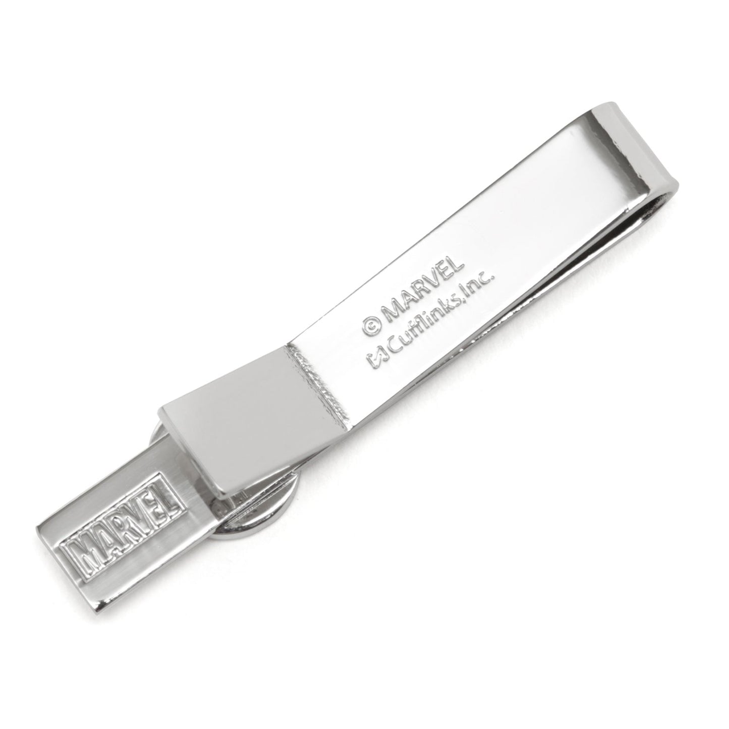Silver Marvel tie clip on a white background