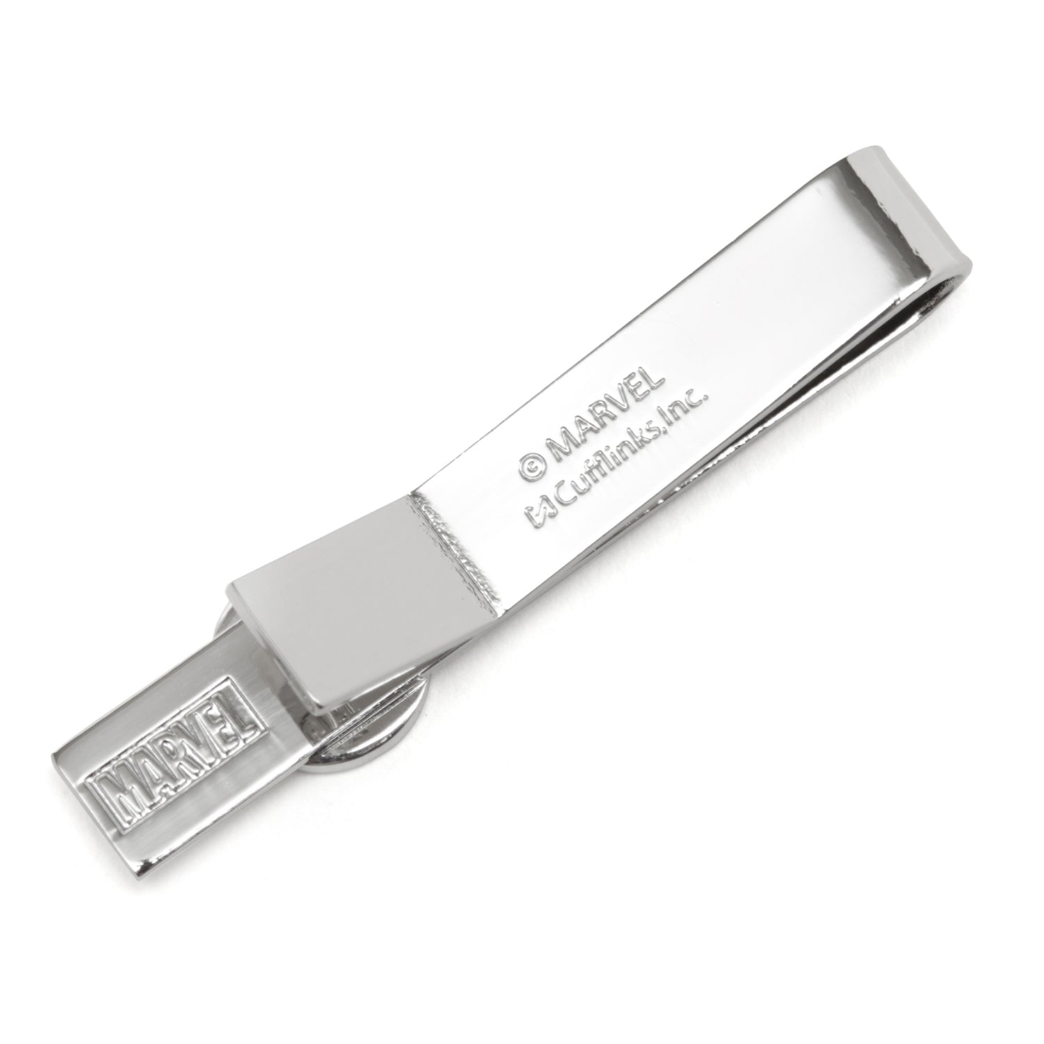 Silver Marvel tie clip on a white background