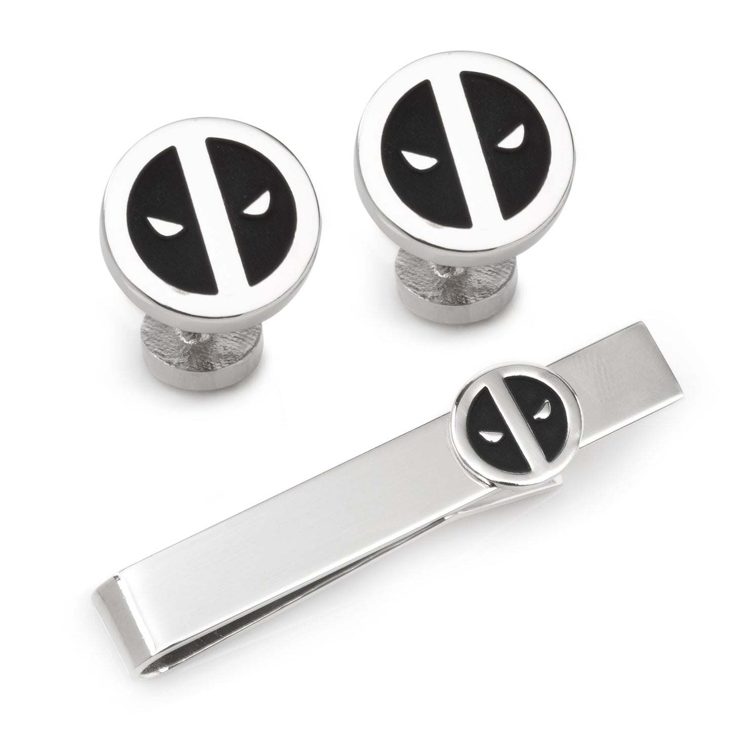 Deadpool-themed cufflinks and tie clip set on a white background