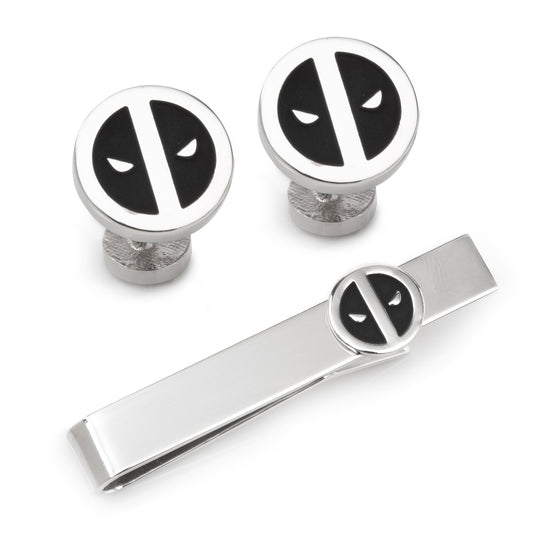 Deadpool-themed cufflinks and tie clip set on a white background