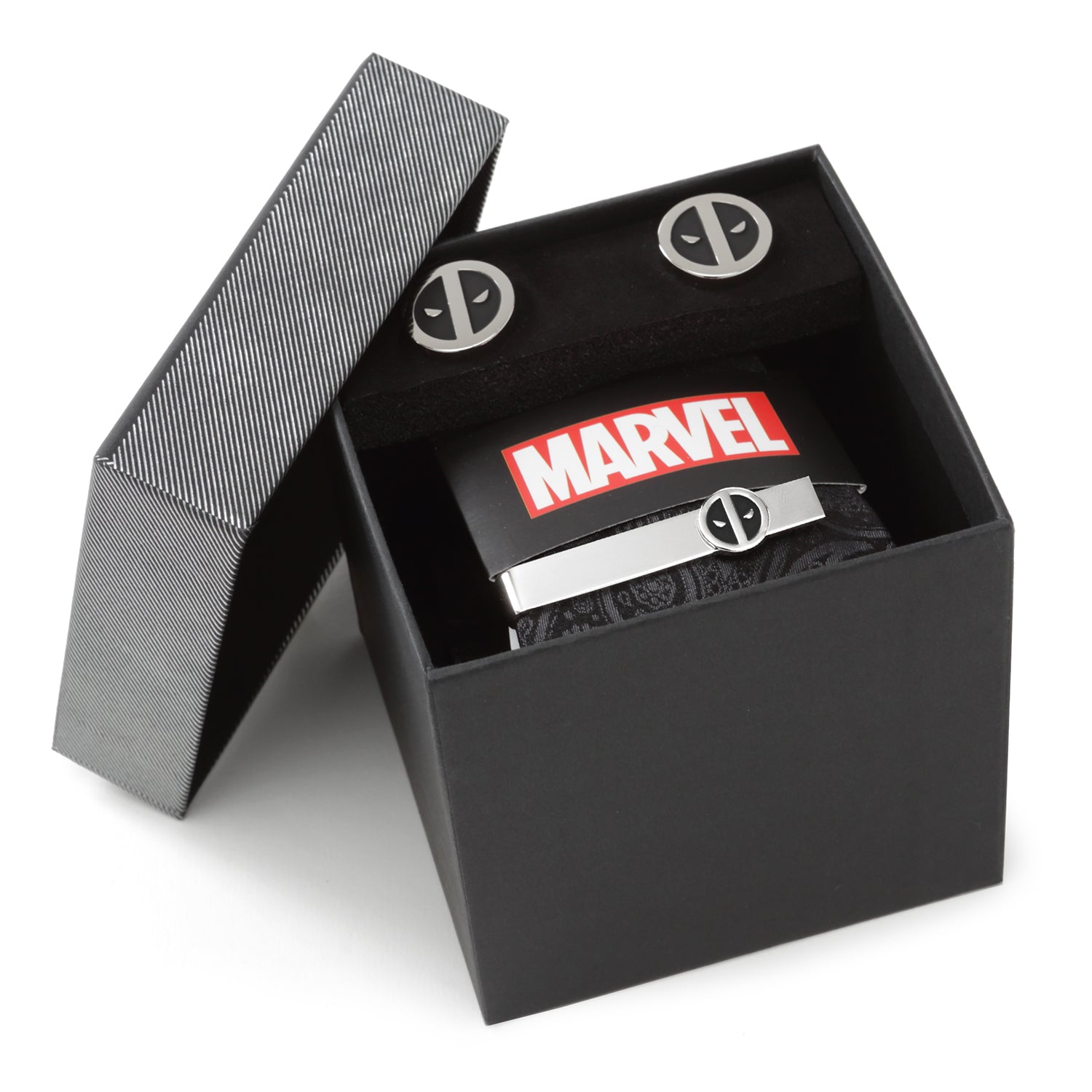 Black gift box with Marvel logo and superhero emblem on a white background