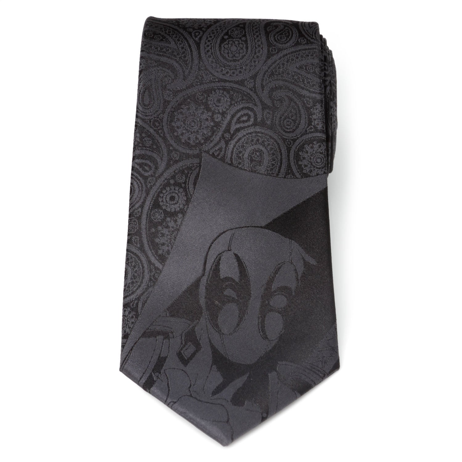 Black paisley patterned tie with a character design on a white background