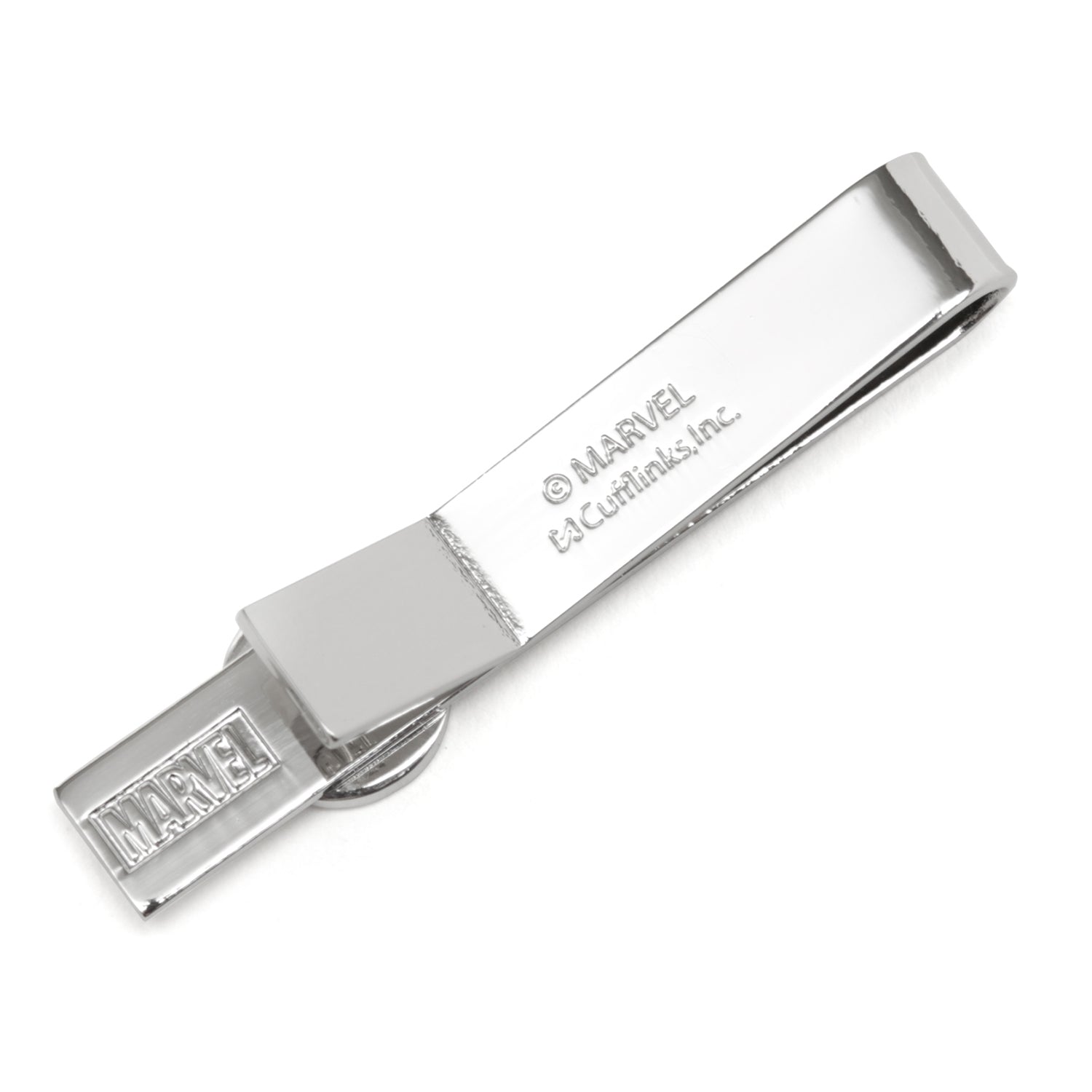 Silver tie clip with Marvel branding on a white background
