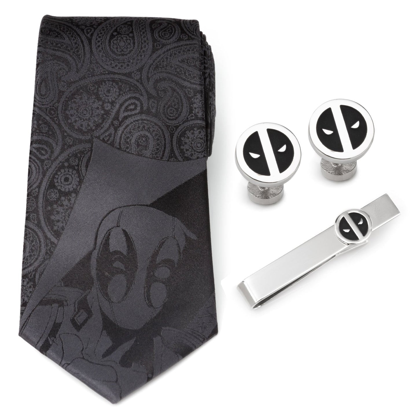 Black tie with graphic design and matching cufflinks and tie clip on a white background