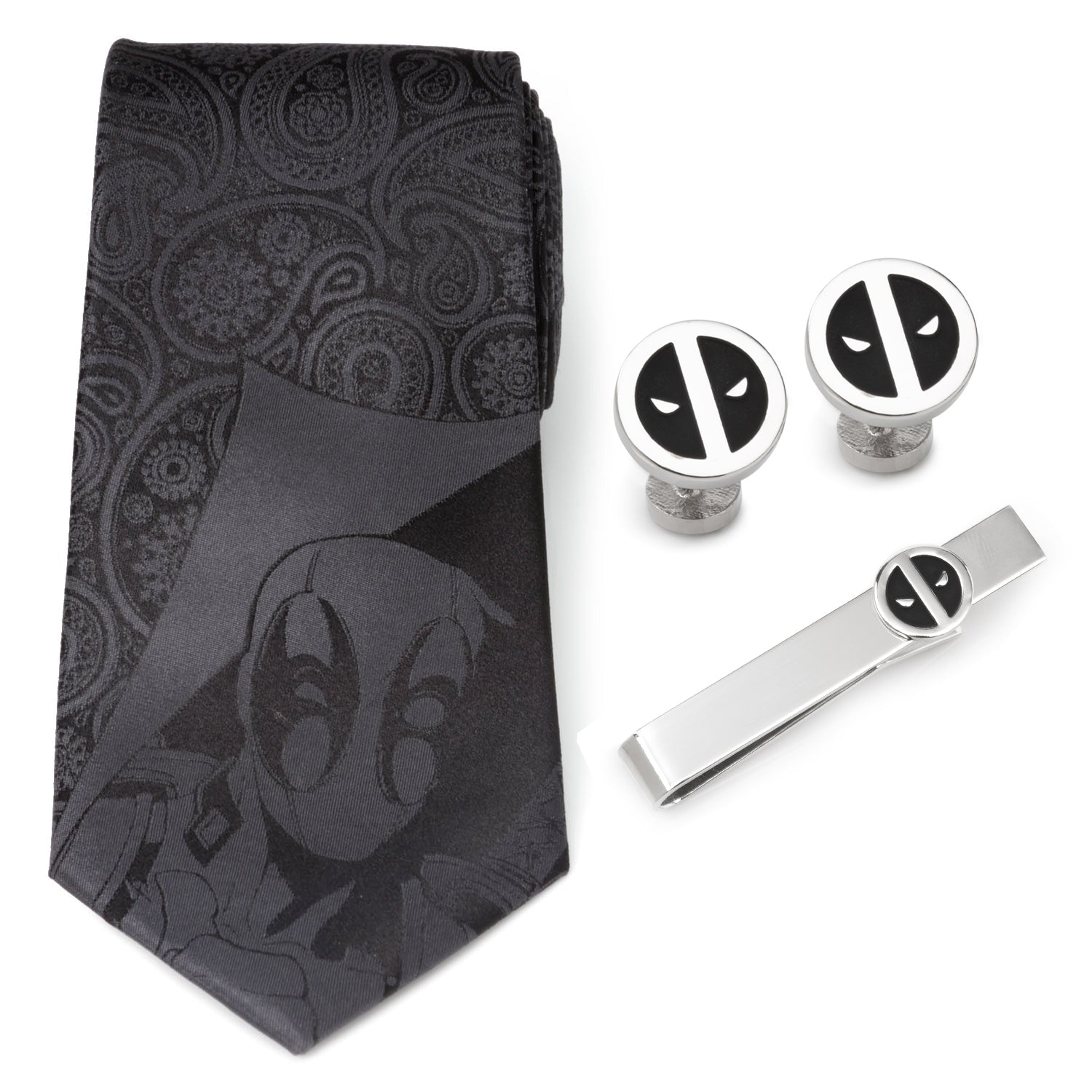 Black tie with graphic design and matching cufflinks and tie clip on a white background