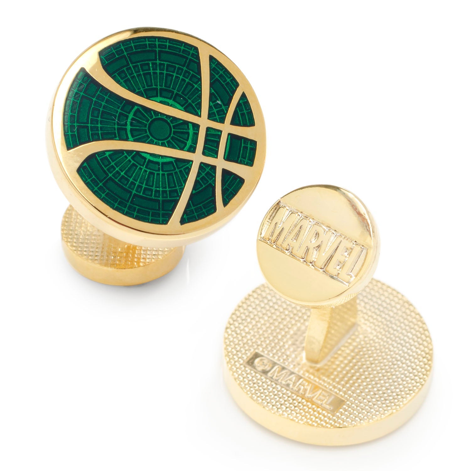 Gold and green Marvel-themed cufflinks on a white background
