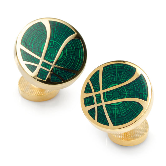 Gold and green geometric design knobs on a white background