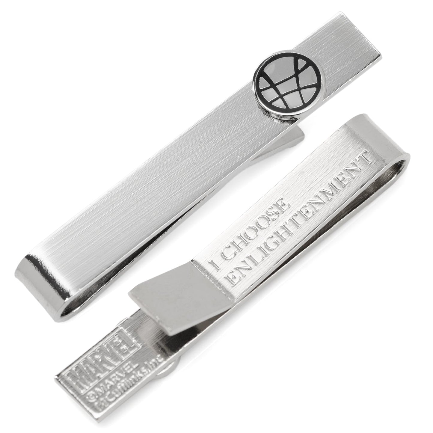 Silver tie clip with engraved text on a white background