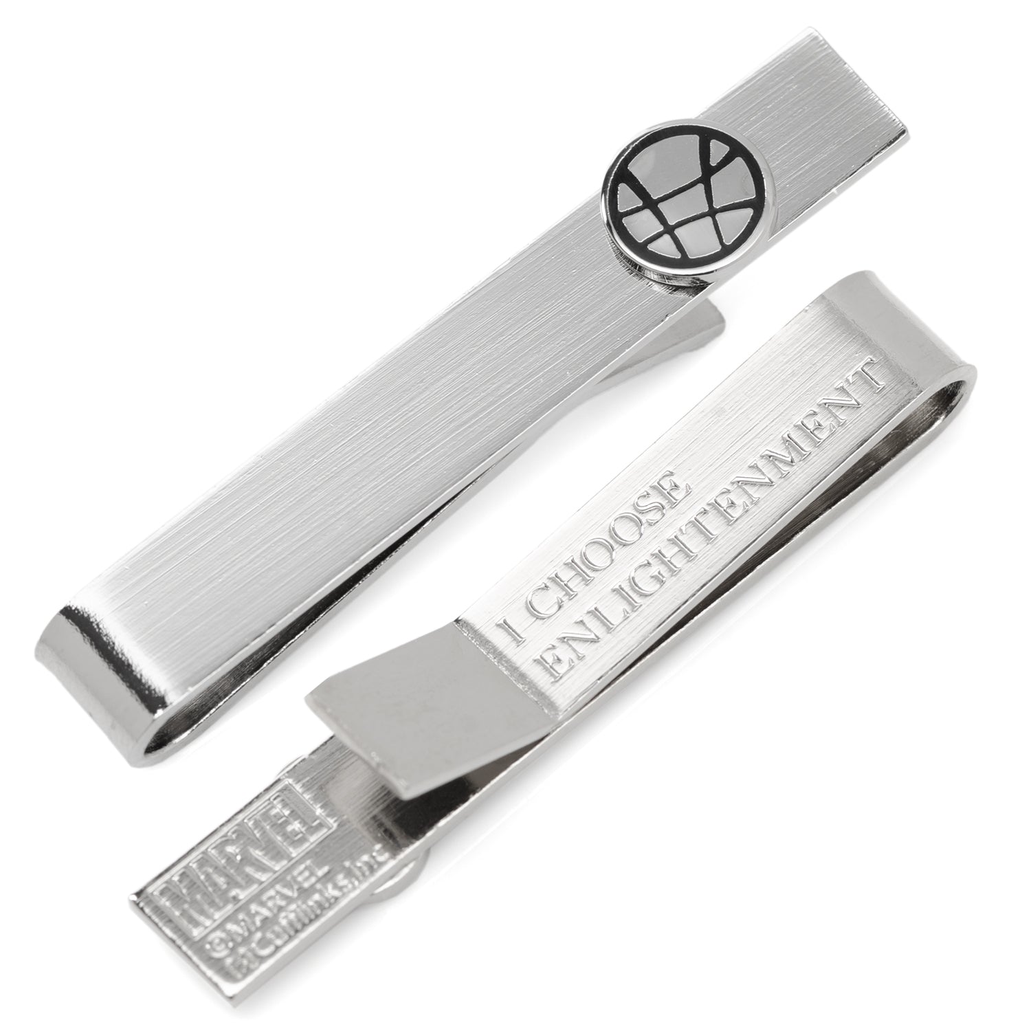 Silver tie clip with engraved text on a white background