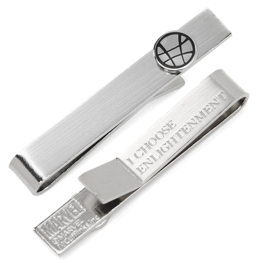 Silver tie clip with engraved text on a white background