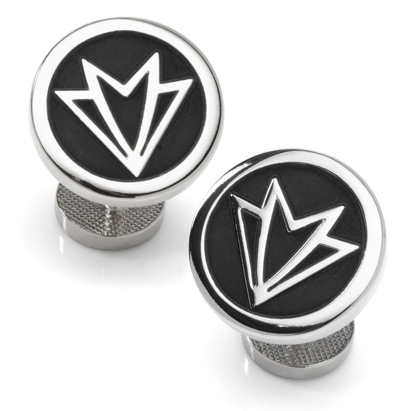 Two black and silver cylindrical knobs with a geometric design on a white background
