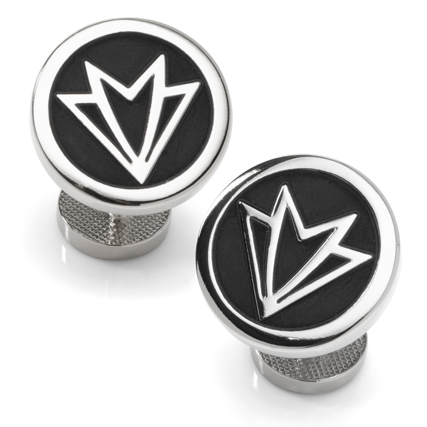 Two black and silver cylindrical knobs with a geometric design on a white background
