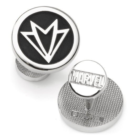 Metallic valve stem caps with a logo on a white background