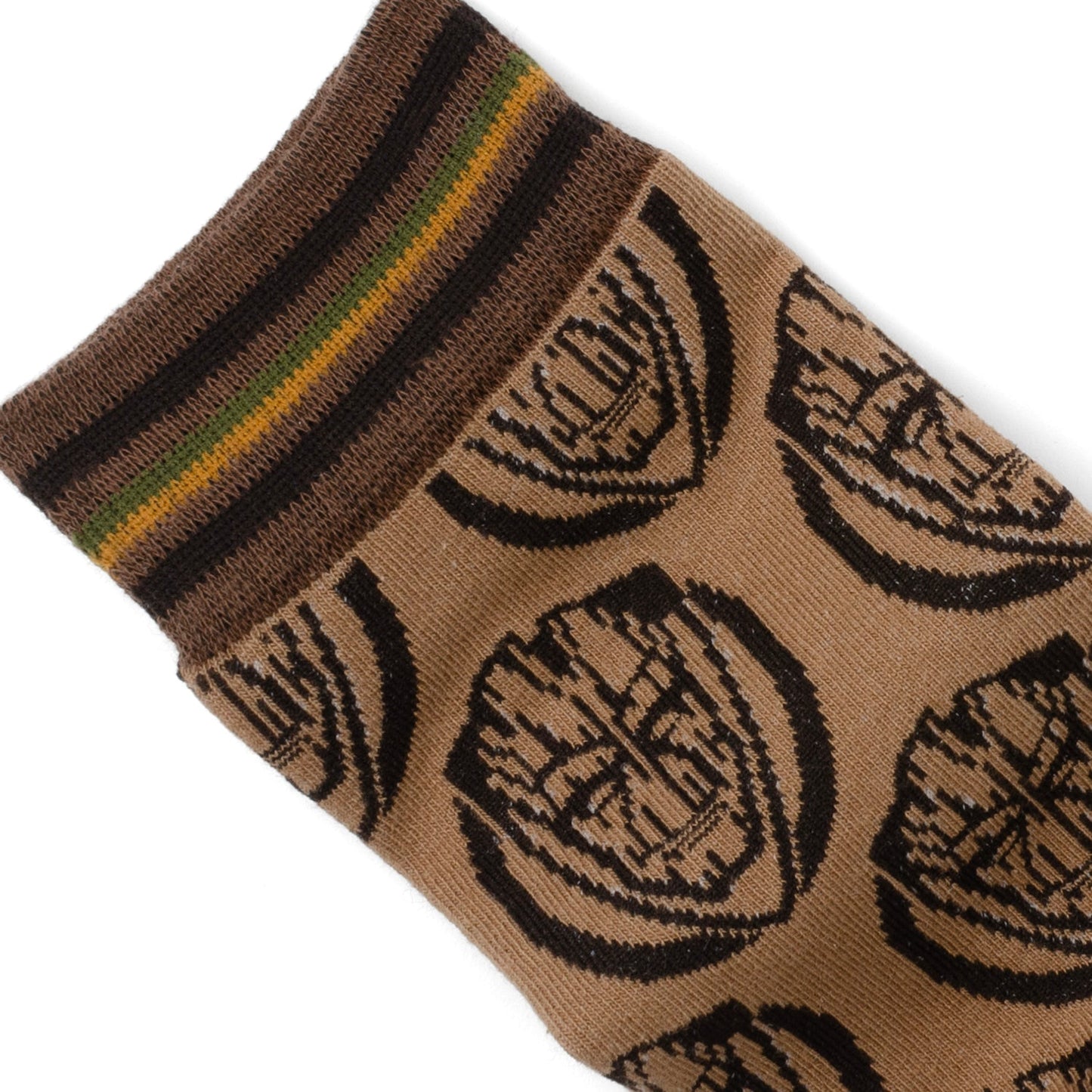 Brown sock with black shield pattern on a white background