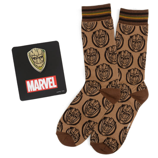 Marvel-themed socks with Groot design and Marvel logo on a card